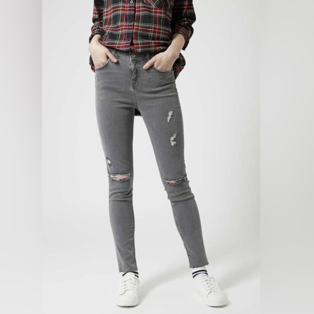 Topshop Moto Jamie Jeans Gray High Rise Distressed Denim Stretch Pants size 30